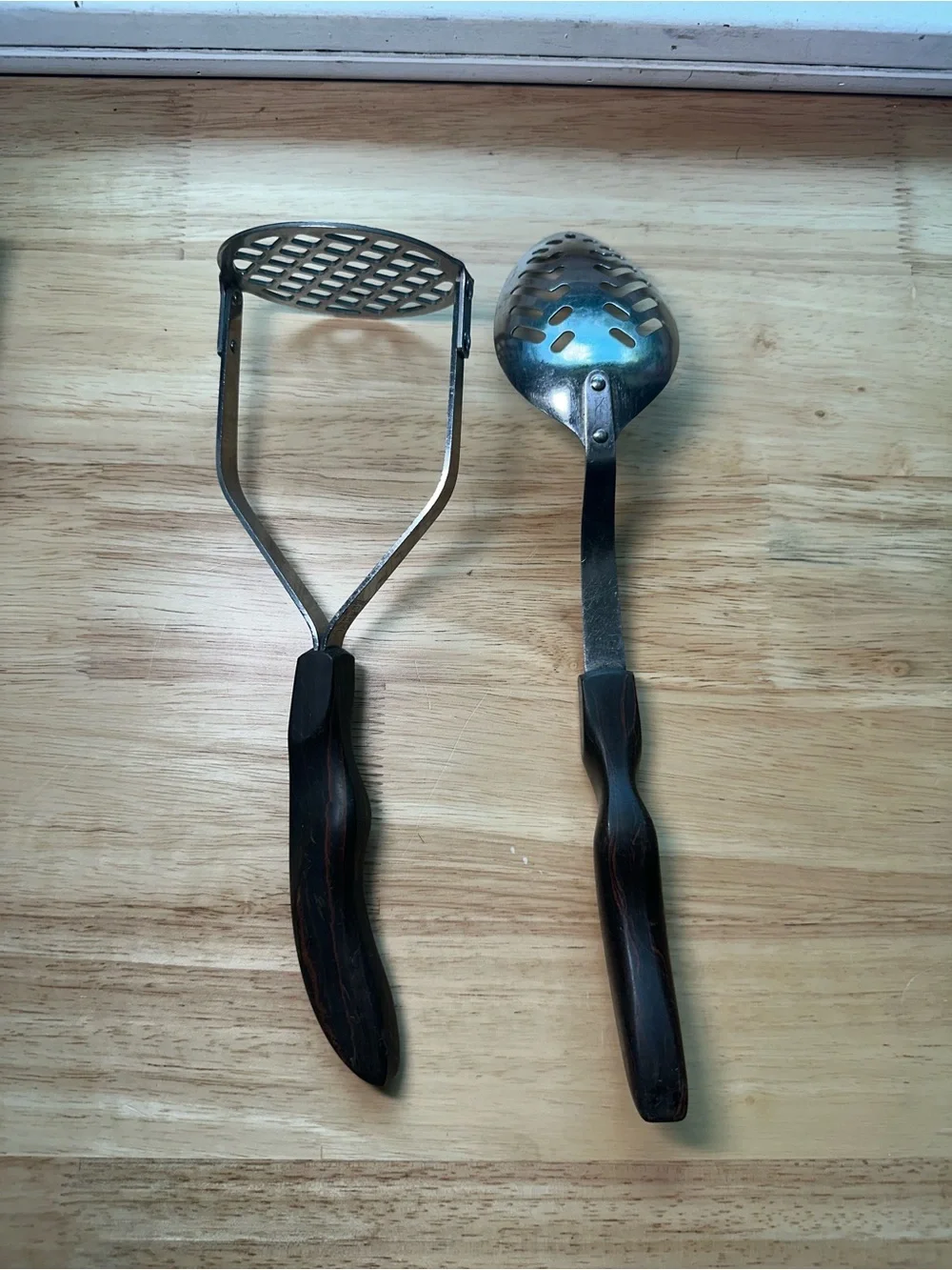 Cutco Brown Wooden-Handle Masher no 14 & Slotted Spoon no 13 vintage Set